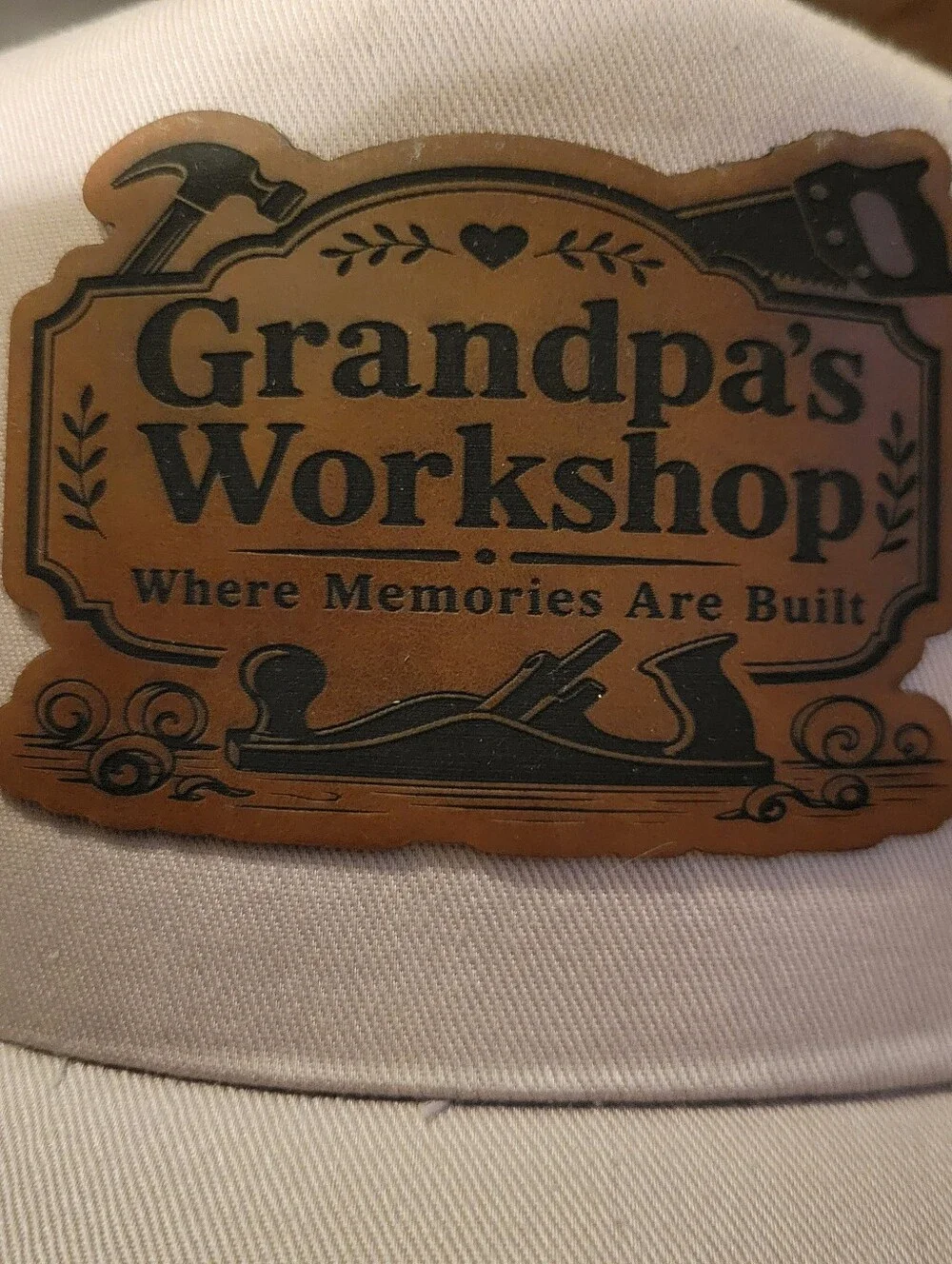 NEW Grandpa's Workshop Tan Hat W/ Custom Leather Patch Adjustable 6 Panel